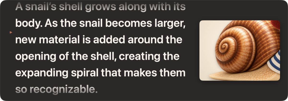 The Unhurried prompter showing a paragraph about snail shells, with a photo of a shell beside it